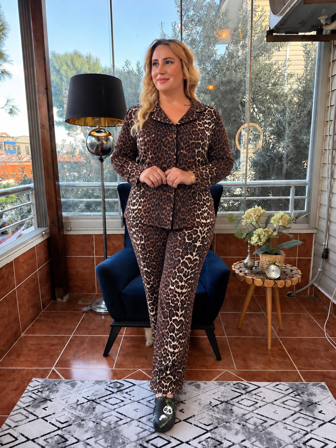 Büyük Beden Leopar Desen Pijama Takım