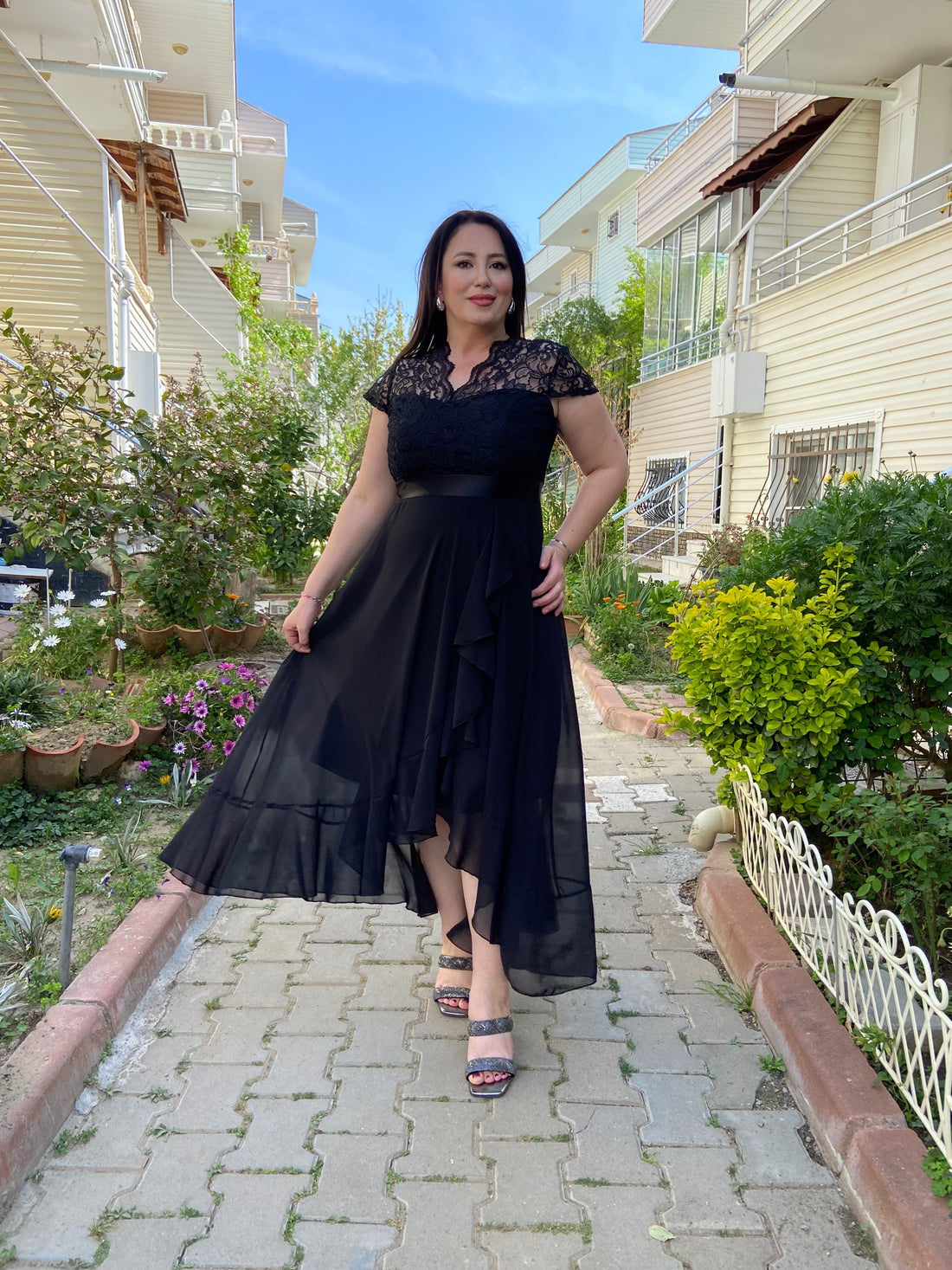 Dantel Üst Şifon Siyah Abiye Elbise