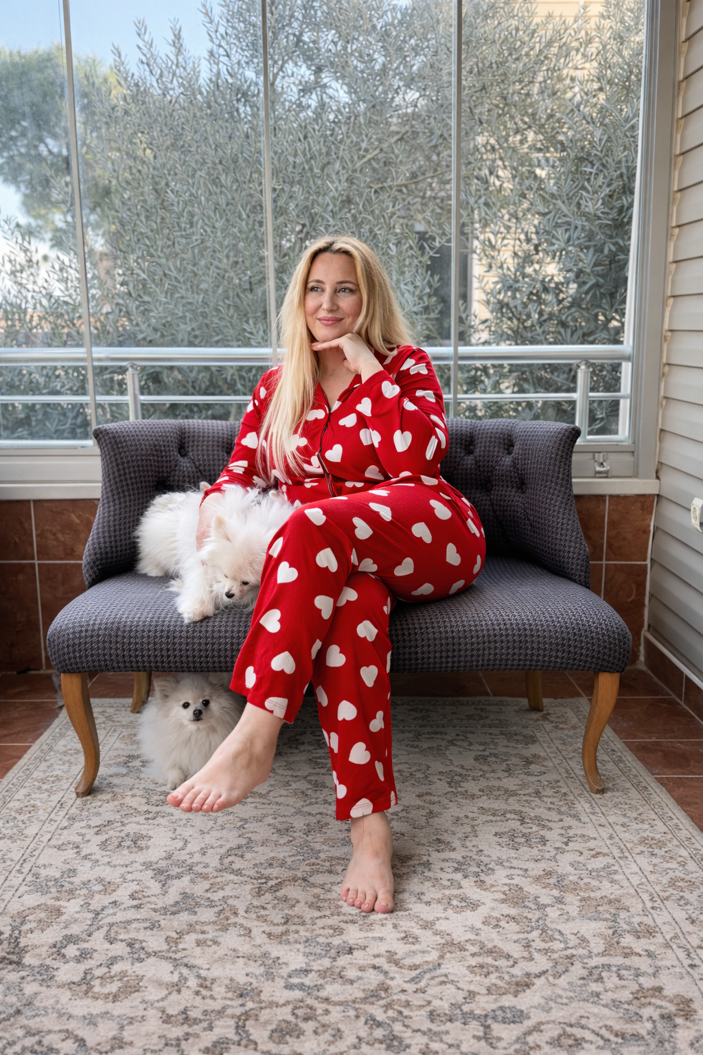 Kırmızı Beyaz Kalp Desenli Pijama Takımı