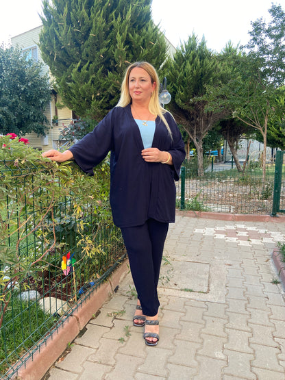 Üçlü Lacivert kimono Takım