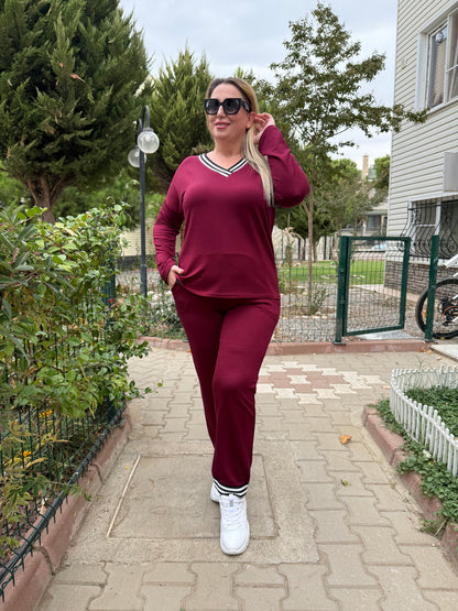 Bordo V Yaka Çizgili Detaylı Rahat Eşofman Takımı