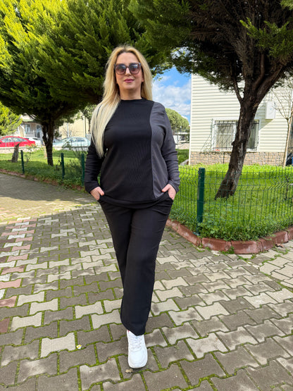 Büyük Beden Siyah - Gri Garnili Eşofman Takımı