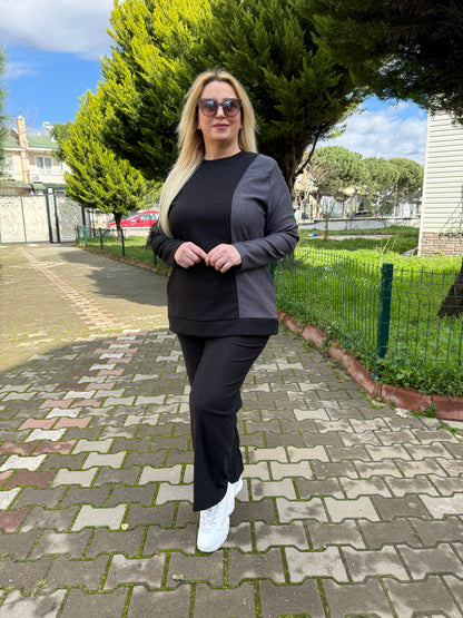 Büyük Beden Siyah - Gri Garnili Eşofman Takımı