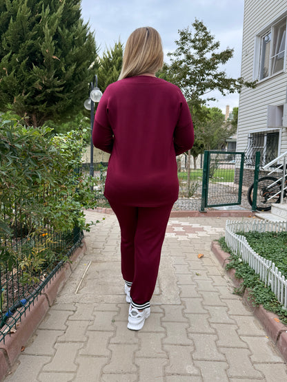 Bordo V Yaka Çizgili Detaylı Rahat Eşofman Takımı