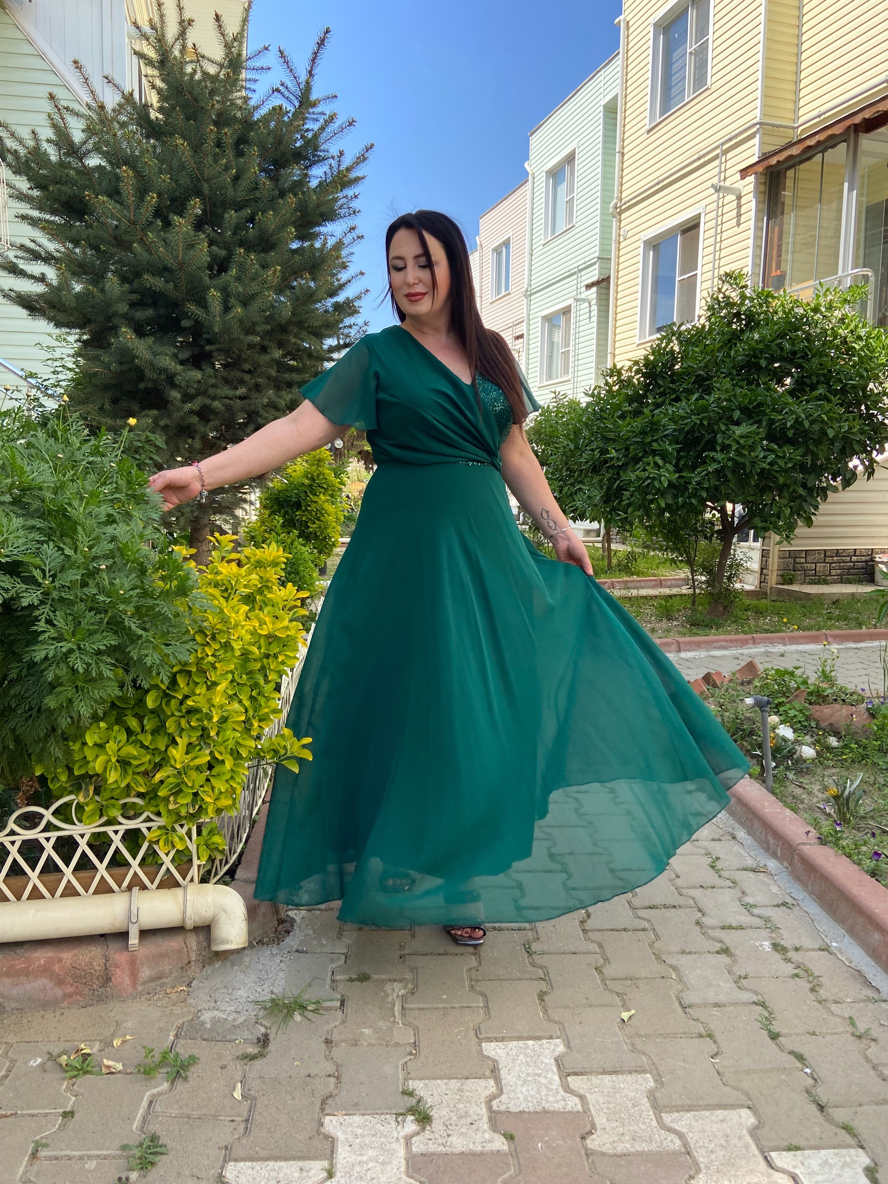 Şifon Yeşil Payet Detaylı Abiye Elbise
