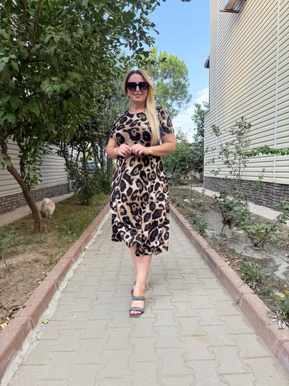 Leopar Desenli Penye Elbise