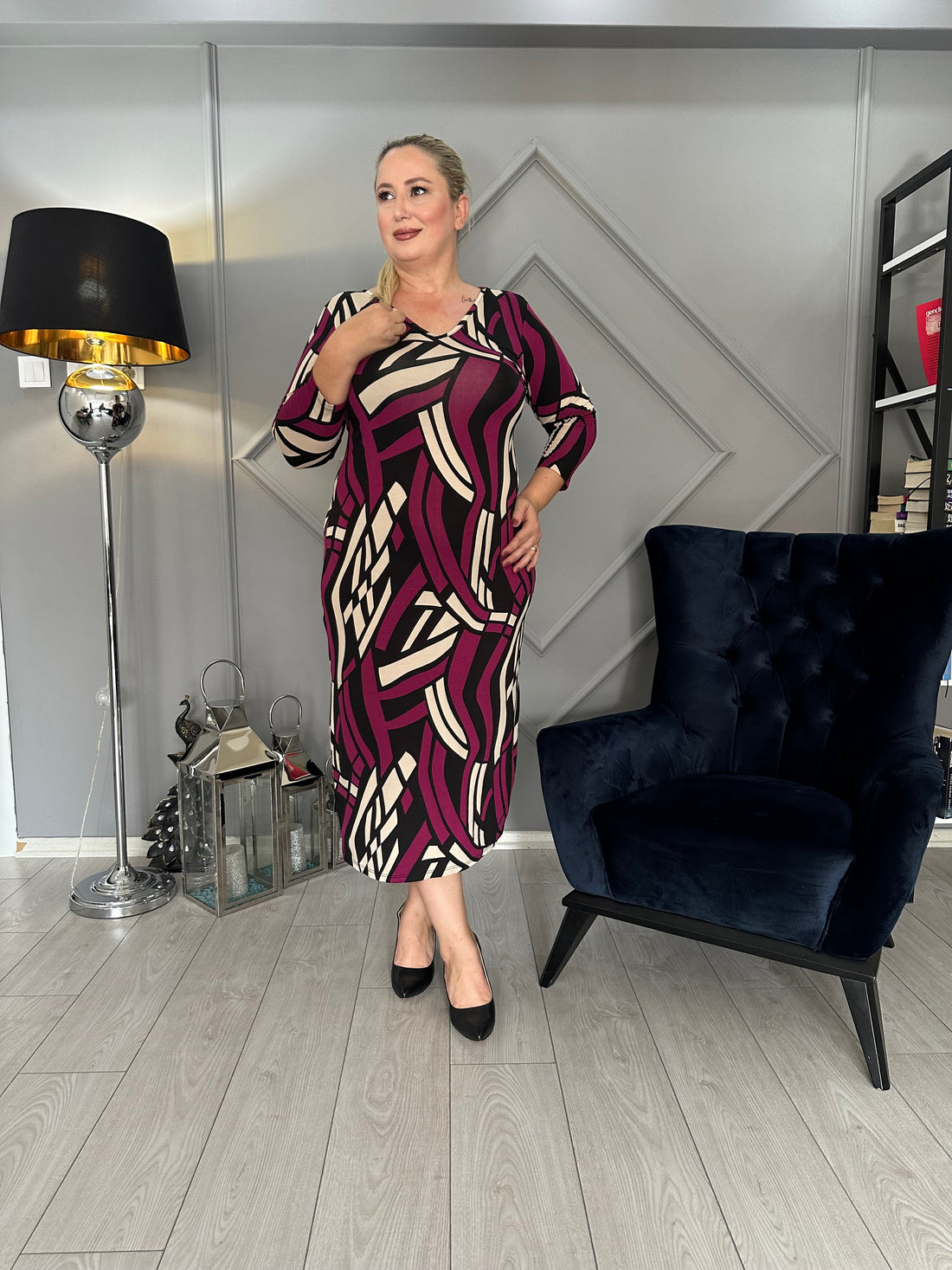 Geometrik Desen Penye Elbise