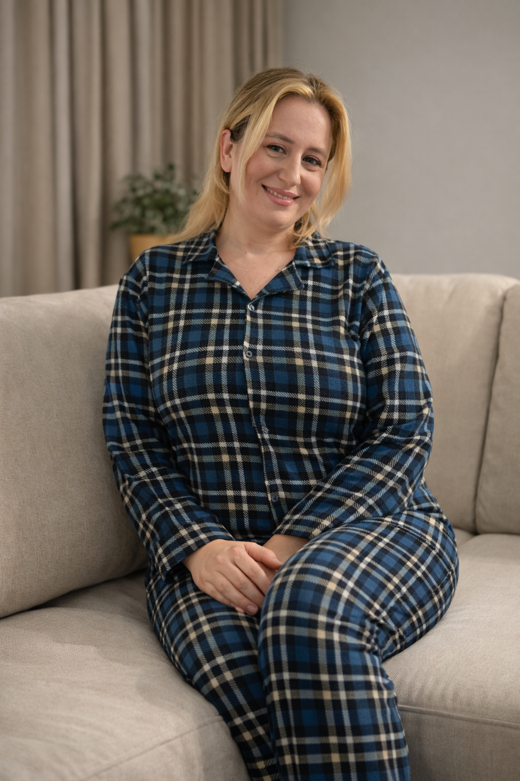 Mavi Kareli Rahat Kalıp Pijama Takımı